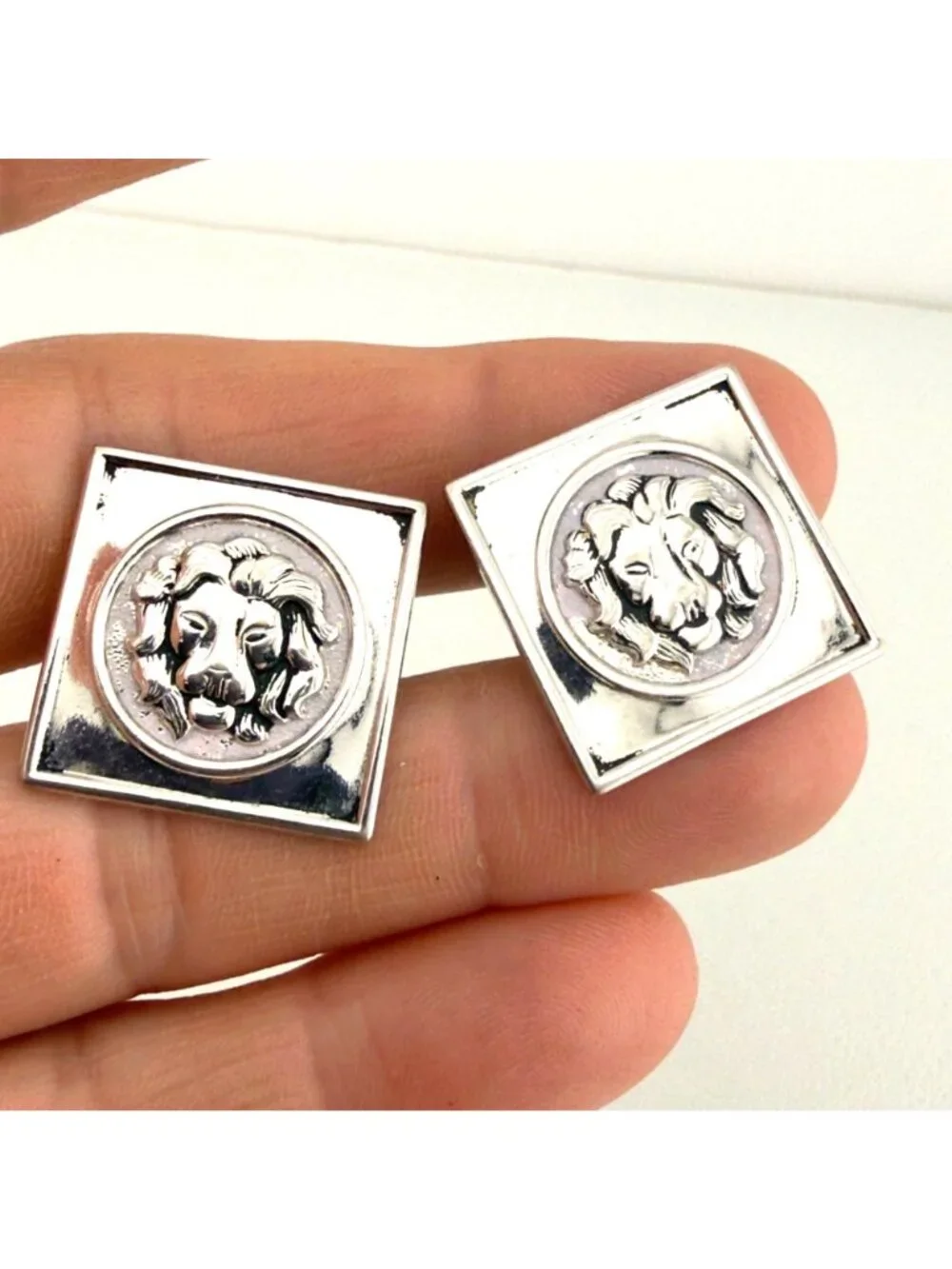 Vintage Silver Tone Lion Cufflinks Set of 2 Square Heraldic